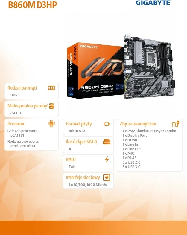 Pllakë amë Gigabyte B860M D3HP, micro ATX, LGA1851, 2x M.2, 4x SATA, Gri