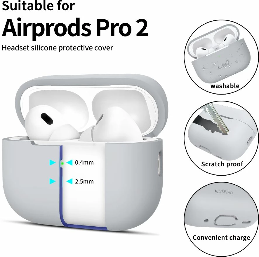 Mbështjellës Tech-Protect për AirPods Pro/Pro 2, silikon, Gri