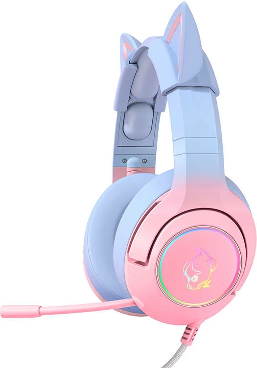 Kufje gaming ONIKUMA K9 me mikrofon, pink-blue, me veshë maceje, RGB