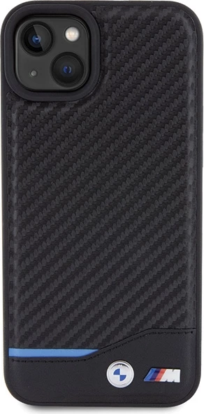 Mbështjellës BMW Leather Carbon për iPhone 15 Plus, i zi