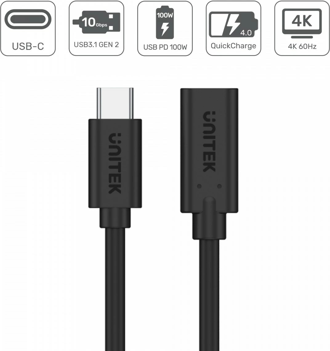 Kabllo zgjatues USB-C Unitek C14086BK, 0.5m, USB 3.1 Gen 2, 100W, e zezë