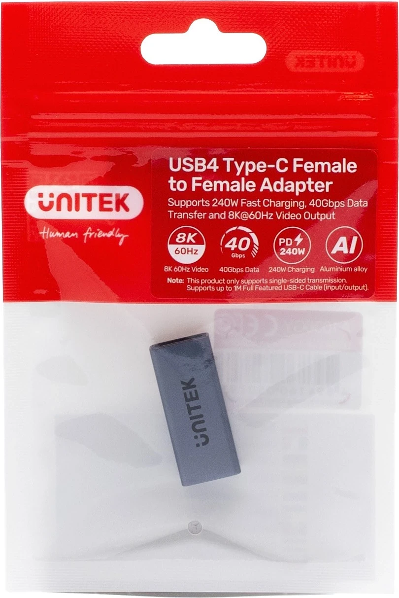 Lidhës Unitek USB-C(F) - USB-C(F) 8K 40Gbps 240W, ngjyrë argjendi