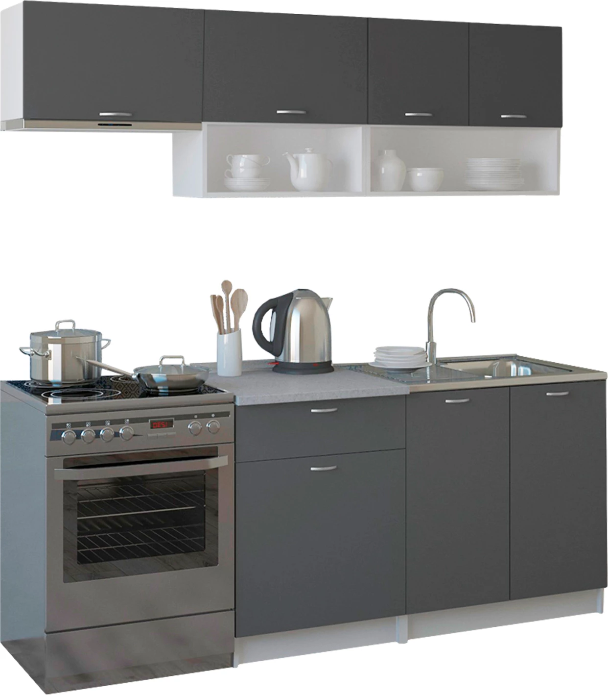 Kompozim kuzhine Rodney, FH2440.10, melamin gri me sipërfaqe të bardhë, 200x46-29,2 cm