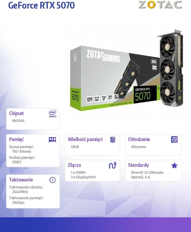 Kartë grafike ZOTAC GeForce RTX 5070 SOLID OC 12GB GDDR7 192-bit PCIe 5.0 3xDP/HDMI e zezë