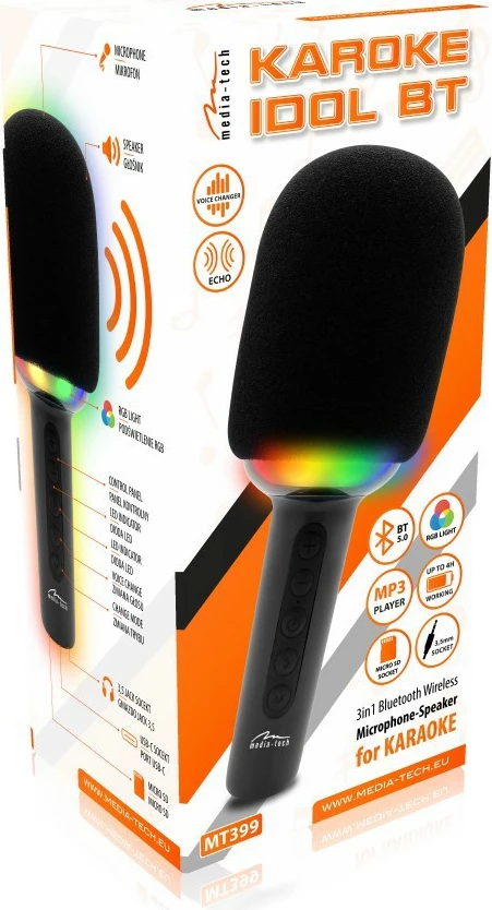 Mikrofon karaoke me altoparlant Bluetooth Media-Tech MT399, i zi, me drita LED