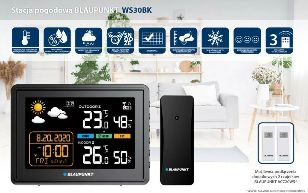 Stacion moti Blaupunkt WS30BK, me sensor të jashtëm, Ekran LCD, i zi