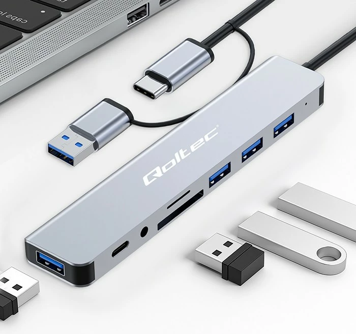 HUB/Adapter 8-në-1 Qoltec 53794, USB-C/USB, 4xUSB, SD/TF, 3.5mm, grafit
