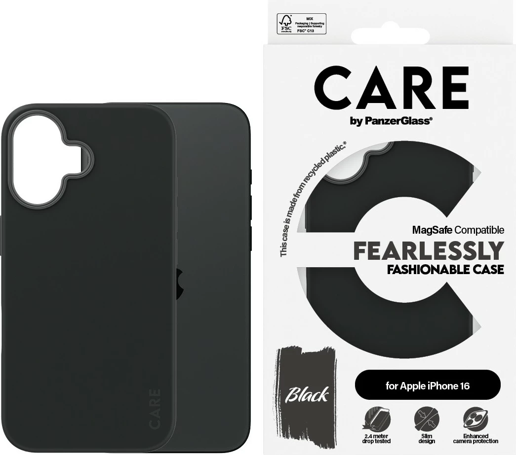 Mbështjellës PanzerGlass CARE Case MagSAFE për iPhone 16, i zi