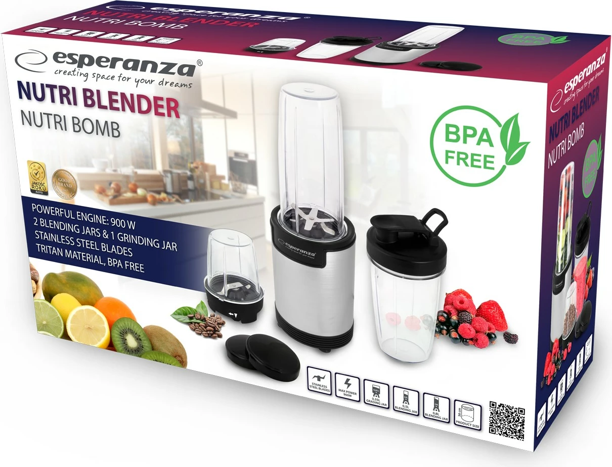 Blender personal Esperanza NUTRI BOMB EKM030, 900W, me gota Tritan, alumini, set aksesorësh