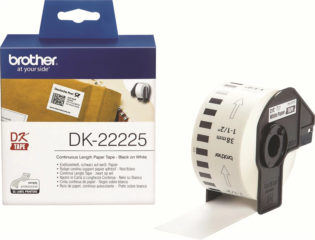 Letër etiketa Brother DK-22225, 38mm, 30.48m, e zezë mbi të bardhë