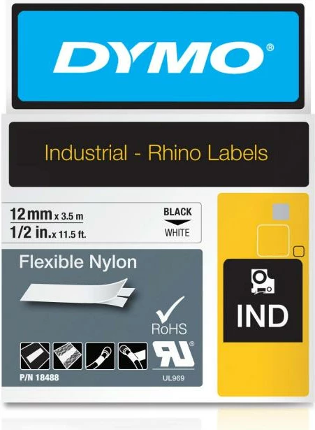 Shirit etiketimi fleksibël najloni, Dymo, 18488 S0718100 Flexibles Nylonband, 12 mm x 3.5 m, bardhë me shkrim të zi