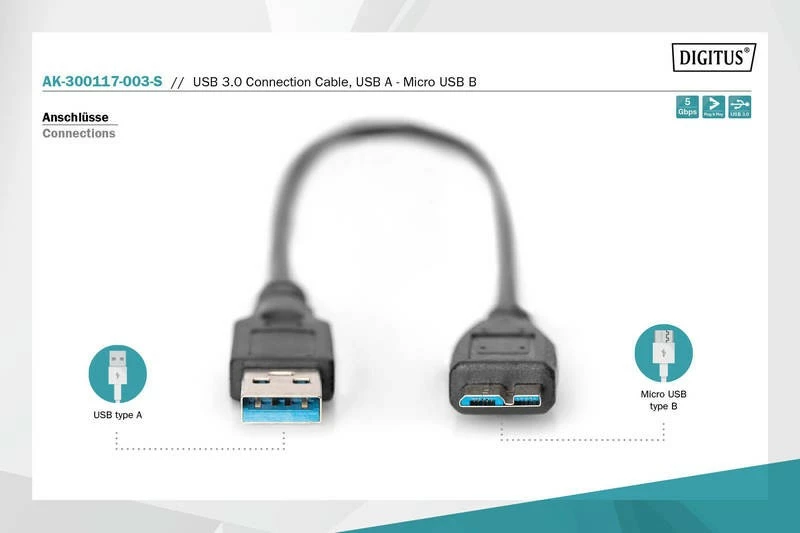 Kabllo USB Digitus AK-300117-003-S, USB 3.1 Gen 1, USB A në microUSB B, 0.25m, e zezë