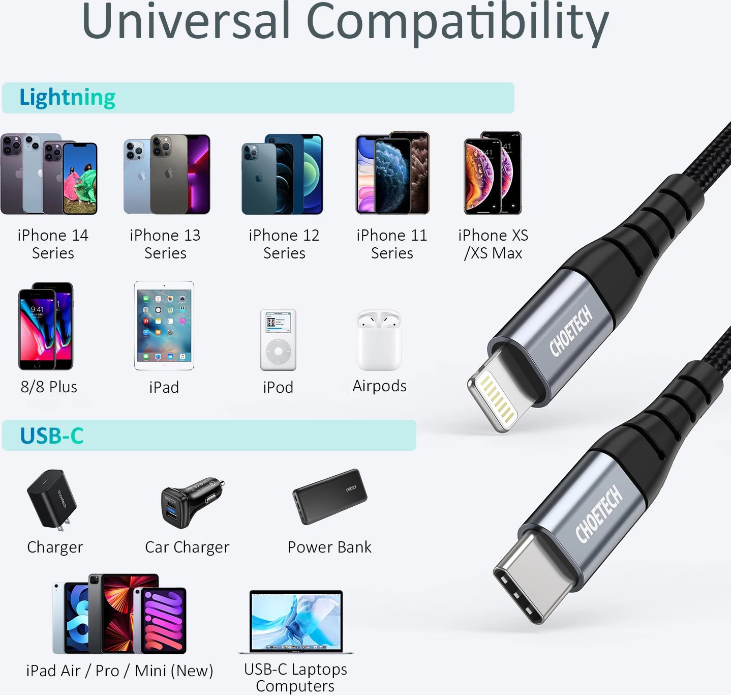 Kabllo Choetech IP0039 USB-C në Lightning, 1.2m, e zezë