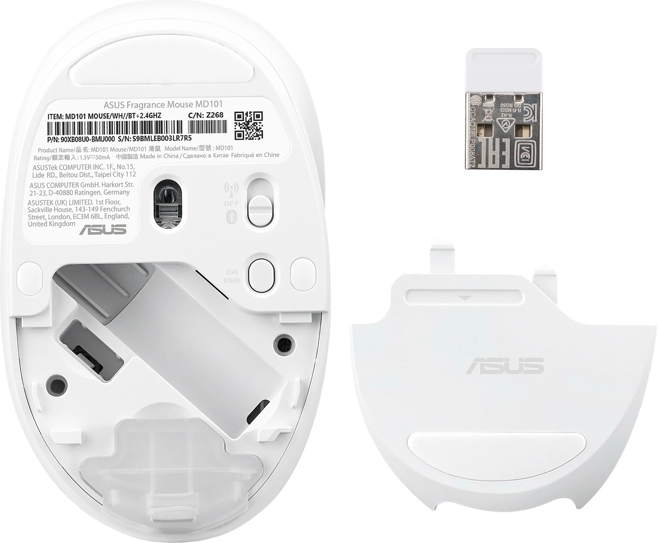 Maus ASUS MD101 wireless, Bluetooth 5.3, 2400 DPI, i bardhë