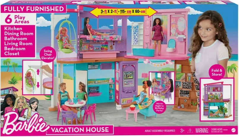 Shtëpi lodër Barbie Mattel Holiday House HCD50, me 2 kate, 6 zona loje, 30+ aksesorë, Rozë/Turquoise/Vjollcë