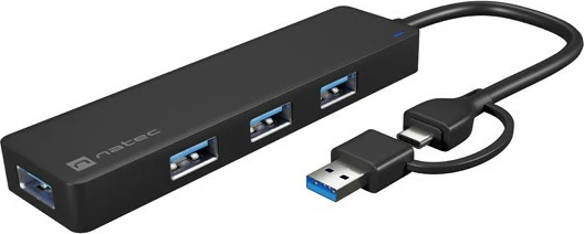 Hub USB Natec Mayfly NHU-2023, 4 porta USB-A, me adapter USB-A në USB-C, e zezë