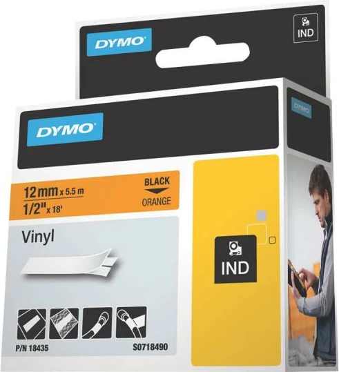 Shirit etiketimi, Dymo, vinyl vetëngjitës 18435 S0718490, 12mm x 5.5m, zezë/portokalli