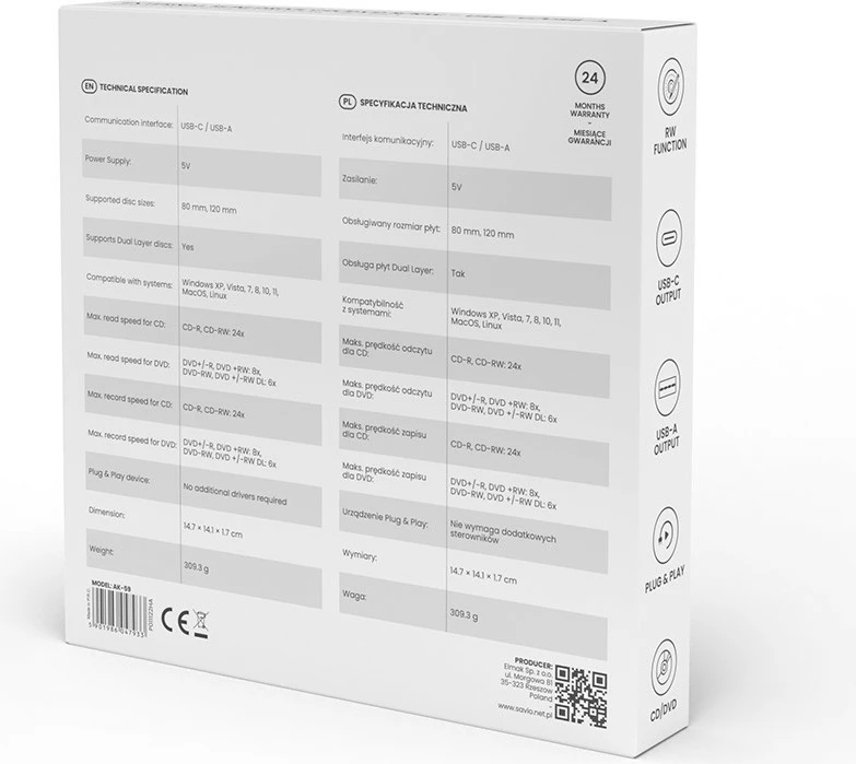 Lexues/shkrues i jashtëm CD/DVD Savio AK-59, USB-C/USB-A, i zi