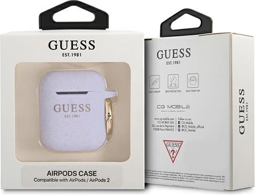 Mbështjellës Guess GUA2SGGEU për AirPods 1/2, silikon, vjollcë me shkëlqim