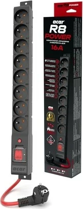 Prizë me mbrojtje Acar R8 POWER, 8 dalje, 1.5m, 16A, e zezë