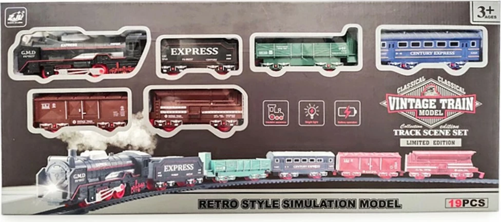 Set tren lodër vintage me shina, Artyk 178061, 19 pjesë, lokomotivë me dritë, me bateri 1xAA, 3+ vjeç, shumëngjyrësh