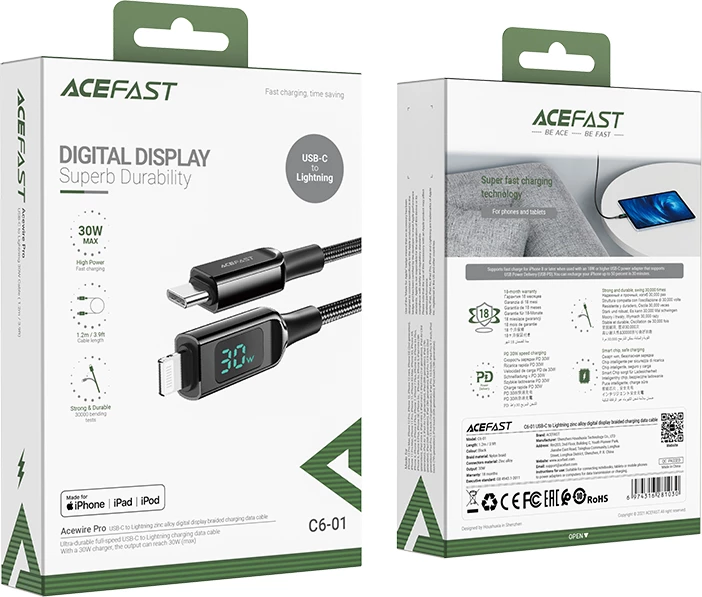 Kabllo Acefast C6-01 USB Type C në Lightning, 1.2m, 30W, me ekran, e zezë