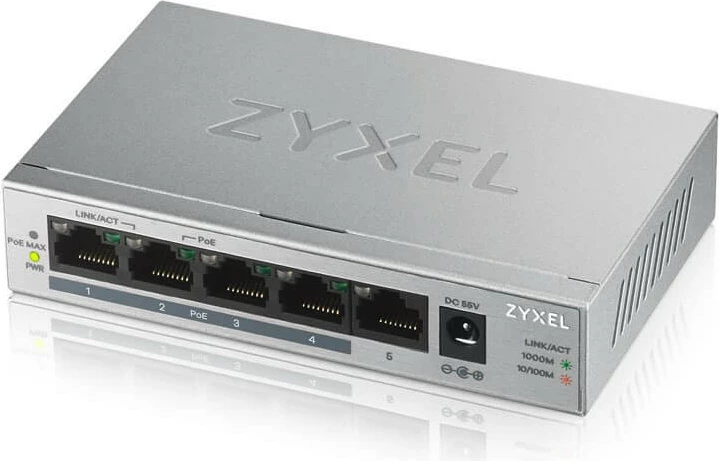 Switch Zyxel GS1005HP, 5 porta Gigabit, 4 PoE+, desktop, i argjendtë