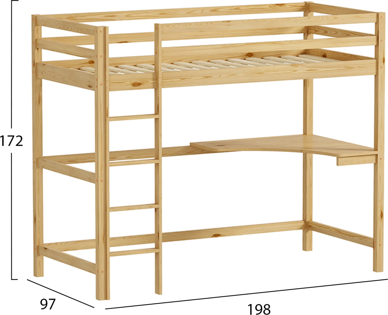 Krevat marinari për fëmijë me tavolinë, dru pishe natyral, AKRON FH702.01, për dyshek 90x190cm