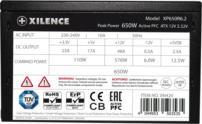 Furnizues me rrymë Xilence XP650R6.2, 650 W, 200 - 240 V, 50 Hz, 10 A, i zi