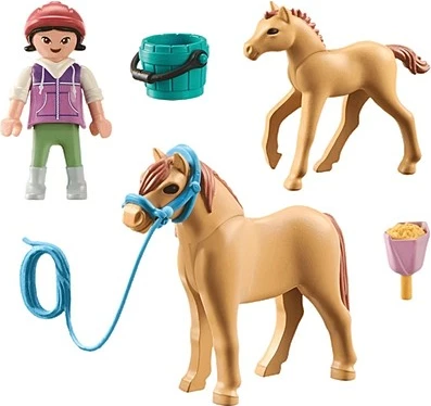 Set lodrash Playmobil Horses of Waterfall 71498, fëmijë me poni dhe këlysh kali, 10 pjesë