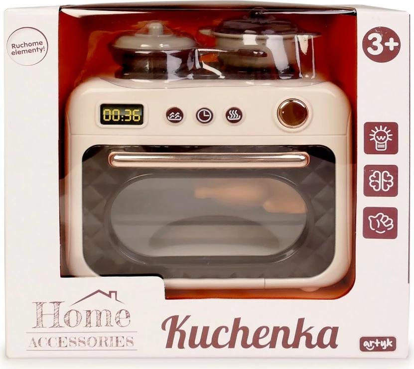 Sobë/furrë lodër me dritë, Artyk, 180507, me melodi, 12 cm, punon me 2x AA (pa bateri), set tigan + tenxhere + gjeldeti, bezhë/kafe/krem