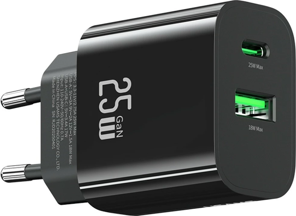 Karikues muri USAMS CC315 T65, 25W, 1xUSB-C, 1xUSB-A, i zi