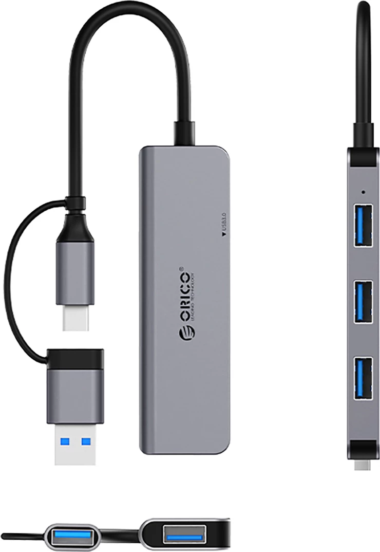 Kasë Orico YSA5-U3, 4 porta USB (3x USB-A 2.0, 1x USB-A 3.0), kabllo 2-në-1 USB-C/USB-A, Gri