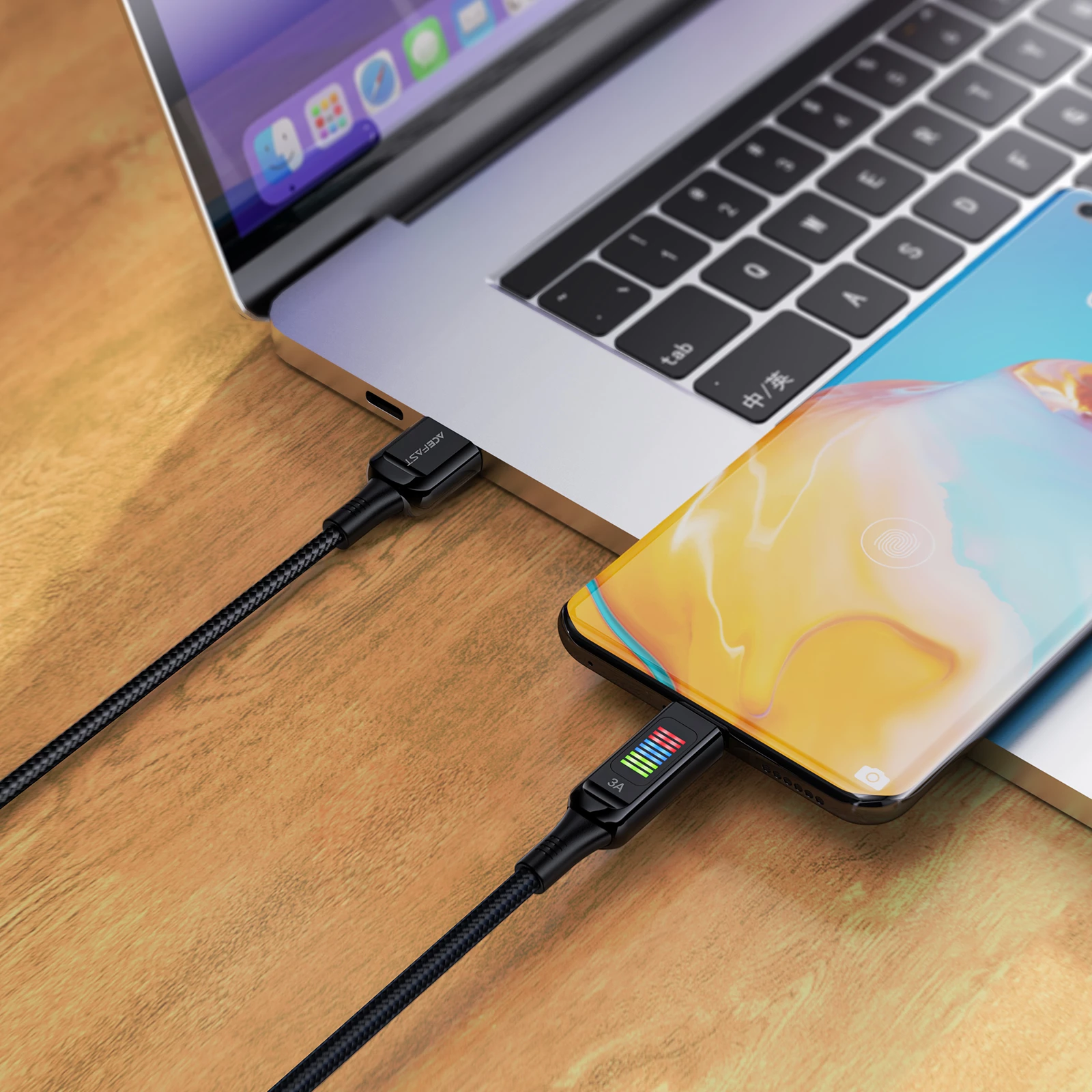 Kabllo Acefast C7-04 USB-A në USB-C, 1.2m, 60W, me ekran, e zezë