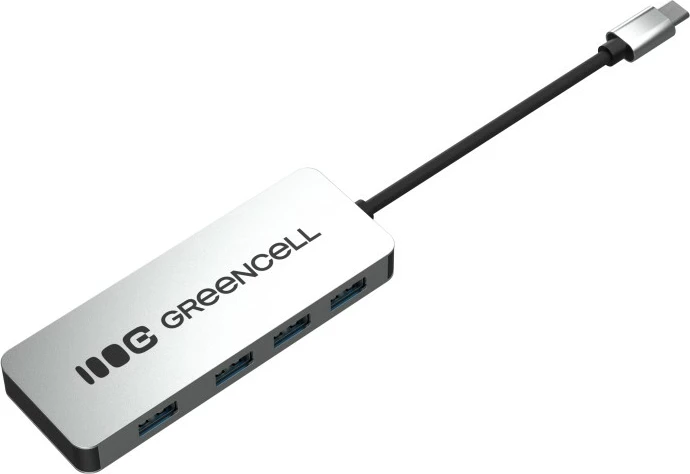 HUB USB-C, Green Cell, HUB-GC-C4A, 4x USB-A 3.0 deri 5 Gb/s, kabllo e integruar 15 cm, argjendtë/zezë