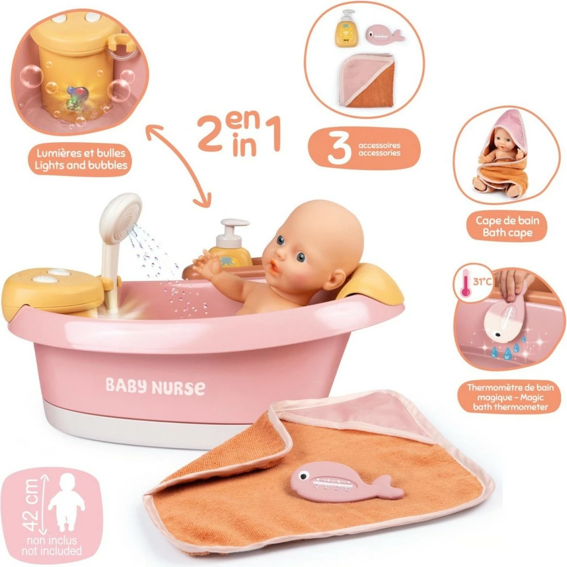 Vaskë lodër për kukulla Smoby Baby Nurse 7600220386, plastike, rozë/kafe/bardhë, me aksesorë