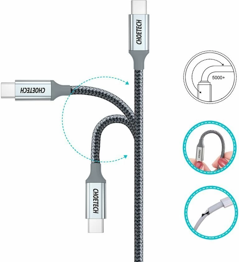 Kabllo USB-C në USB-C Choetech XCC-1002-GY, 1.8m, 100W, Gri