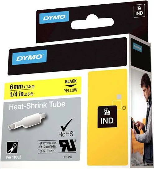 Tub termokurres për etiketim, Dymo RhinoPRO 18052, 6mm x 1.5m, raport tkurrjeje 3:1, e zezë në të verdhë