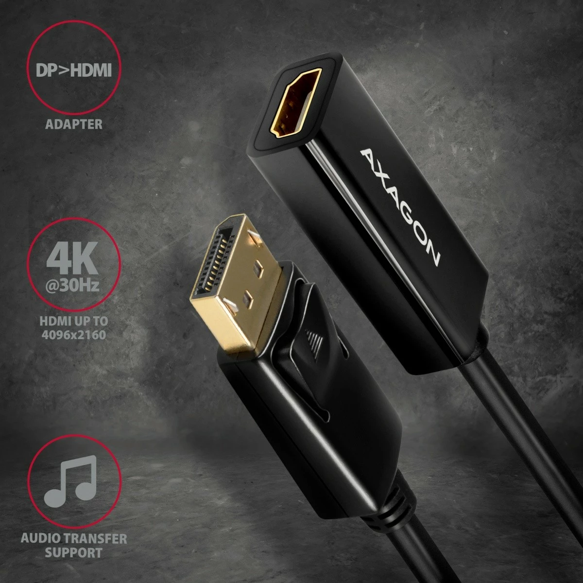 Adapter aktiv AXAGON RVD-HI14N DisplayPort në HDMI, 4K/30Hz, 18cm, zi