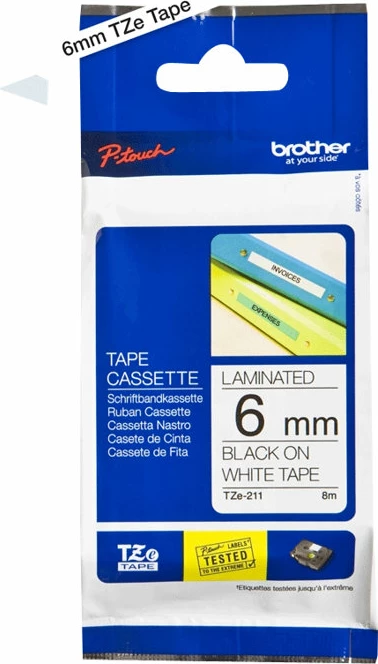 Kasetë etiketuese Brother TZe-211, 6mm, e laminuar, e zezë mbi të bardhë, 8m