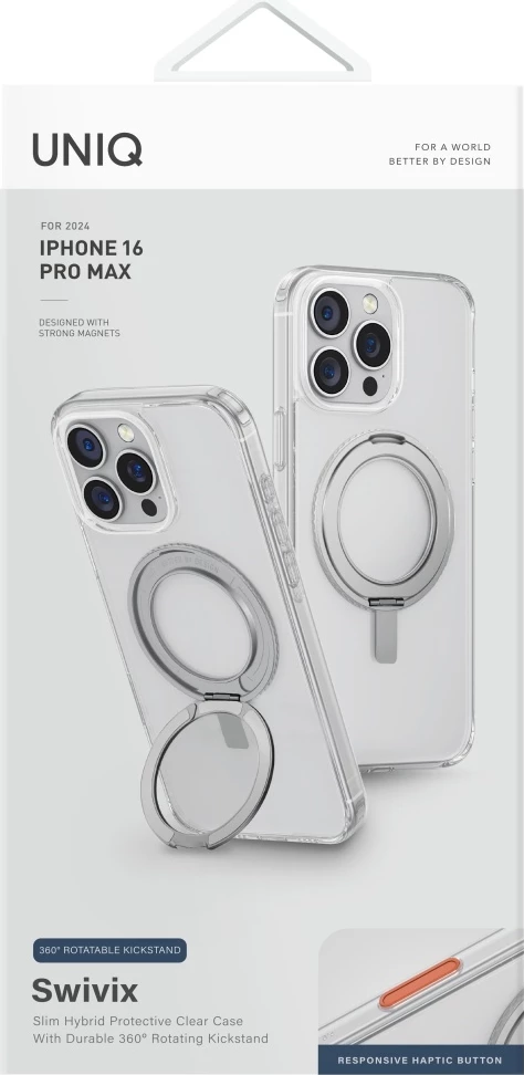 Mbështjellës UNIQ Swivix 360 me këmbëz rrotulluese për iPhone 16 Pro Max, Transparent
