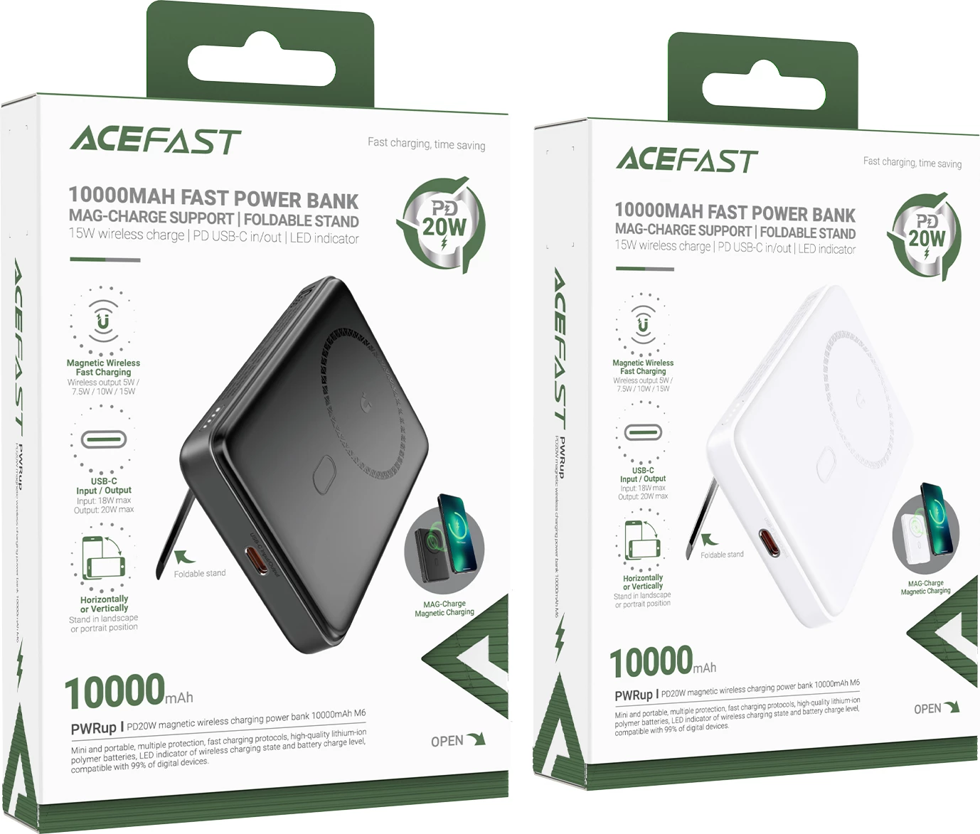Powerbank Acefast M6, 10000mAh, 20W, me mbështetëse, me kabllo, e zezë
