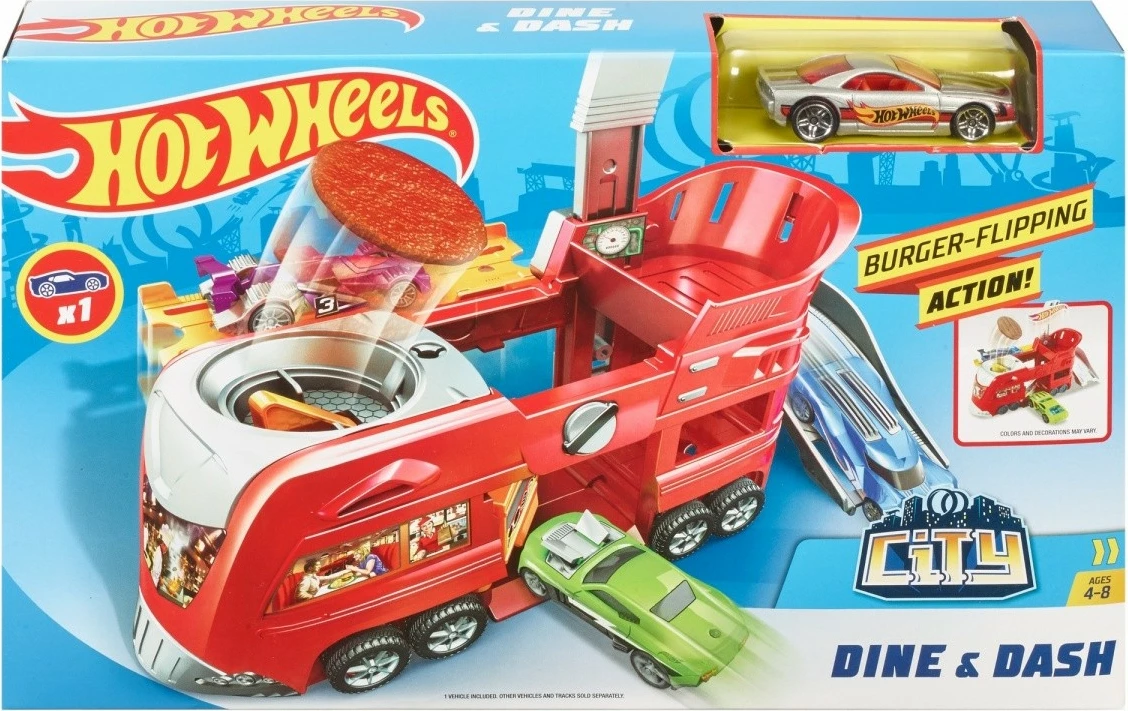 Set lodrash Hot Wheels Dine & Dash, me makinë lodër, plastikë, e kuqe/e verdhë/e gri