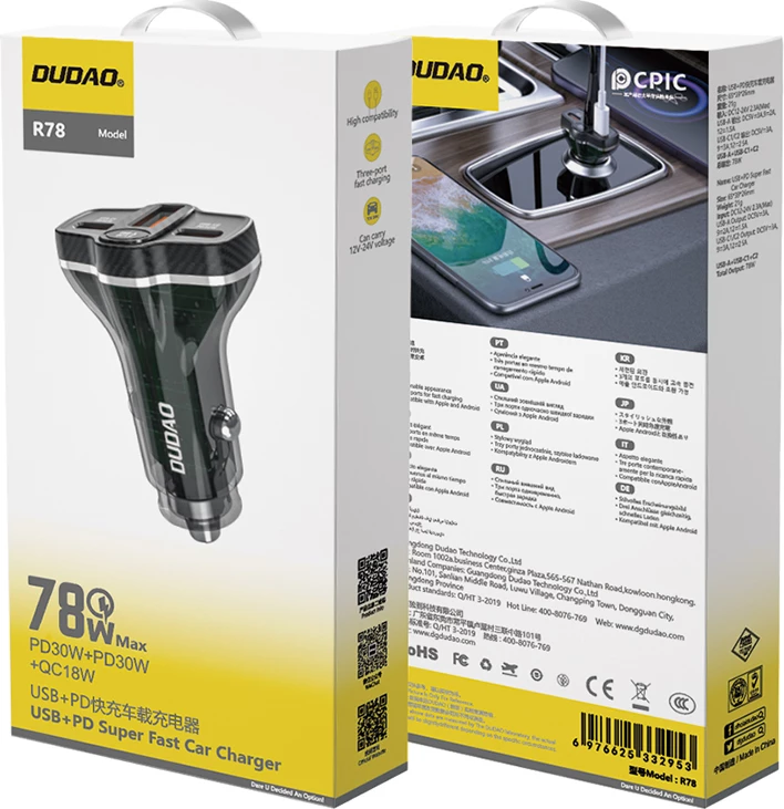 Karikues veture Dudao R78, 78W, 2xUSB-A QC, USB-C PD, i zi