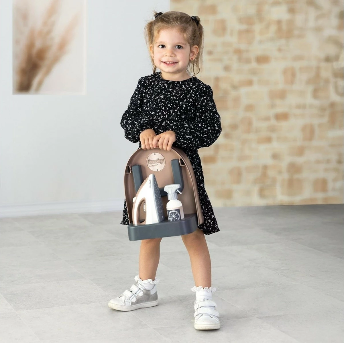 Set lodrash dërrasë hekurosjeje palosëse Smoby MiniTefal me hekur dhe sprucues, për fëmijë, zi/kafe/e bardhë