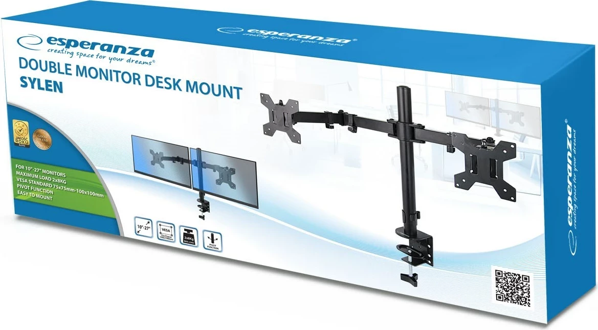 Mbajtës tavoline për dy monitorë Esperanza ERW018, 10-27'' deri në 8kg, i zi