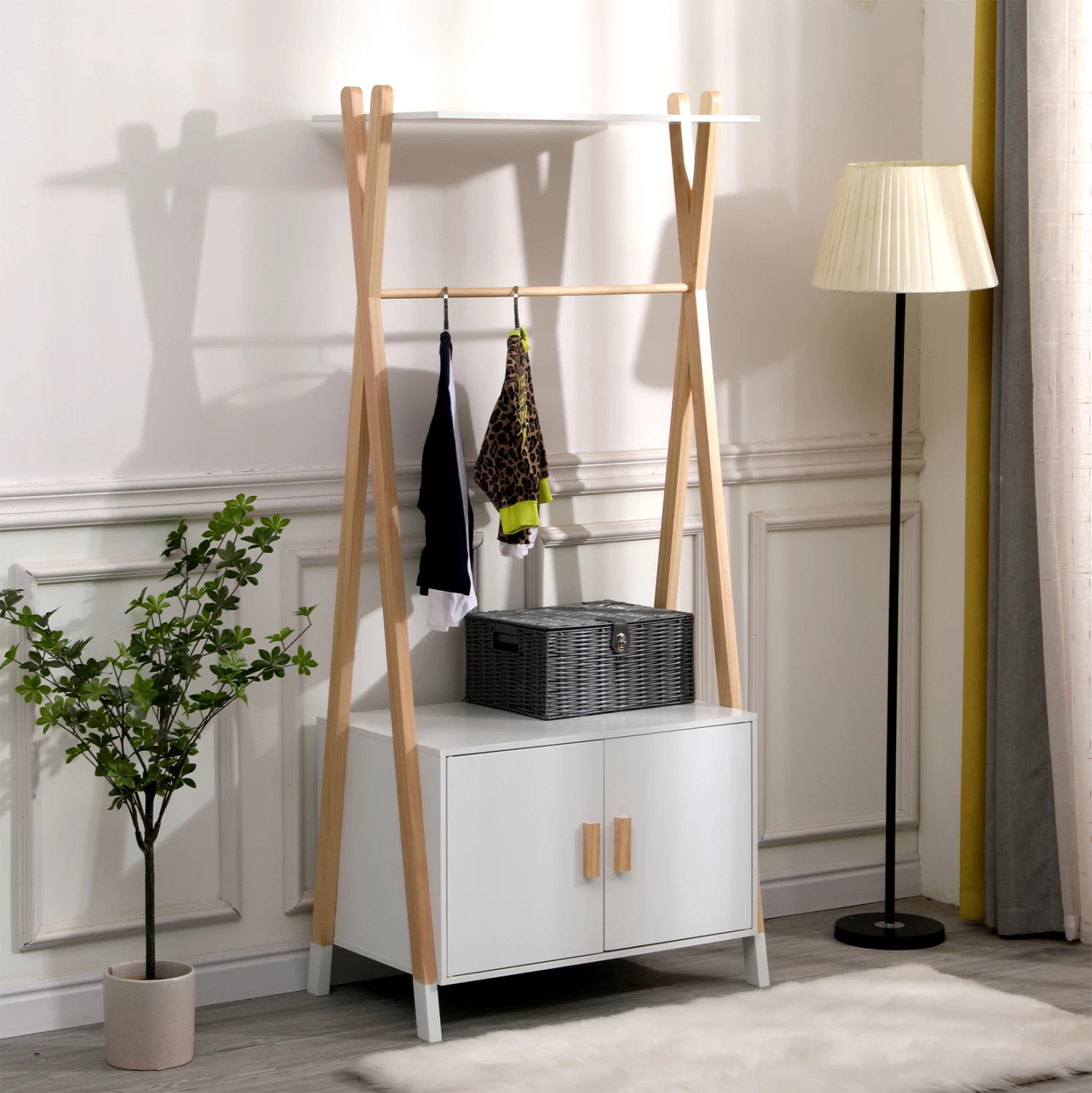 Varëse rrobash për fëmijë me dollap PASCHAL, melaminë-dru pishe, 76x44x170cm