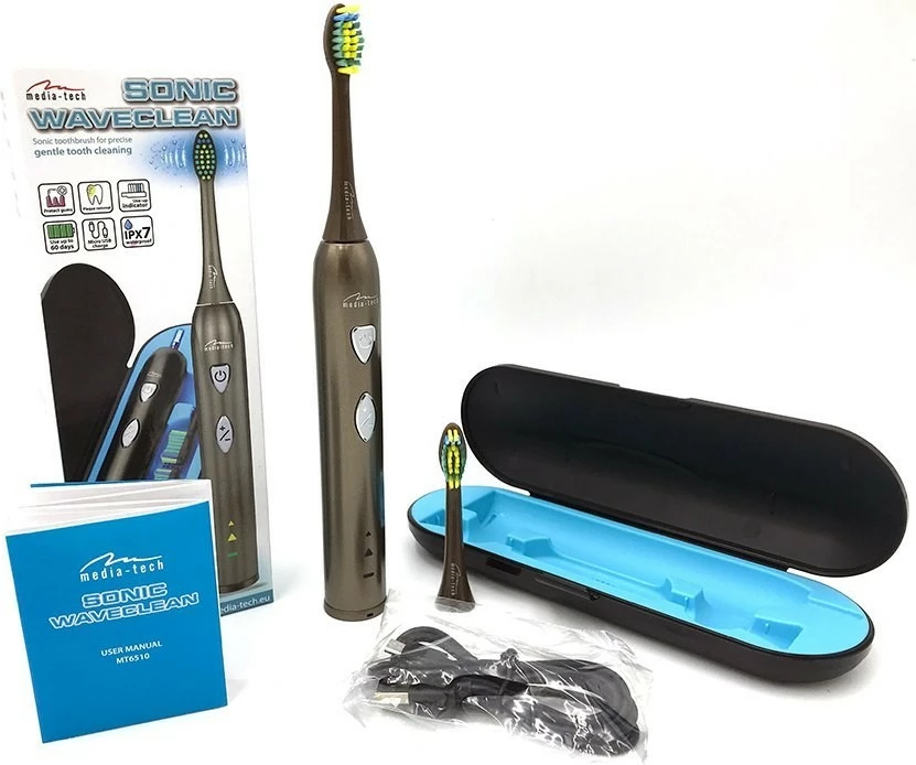 Furçë dhëmbësh elektrike Media-Tech MT6510, sonike, me bateri të integruar, e zezë, set me 2 koka dhe kuti udhëtimi