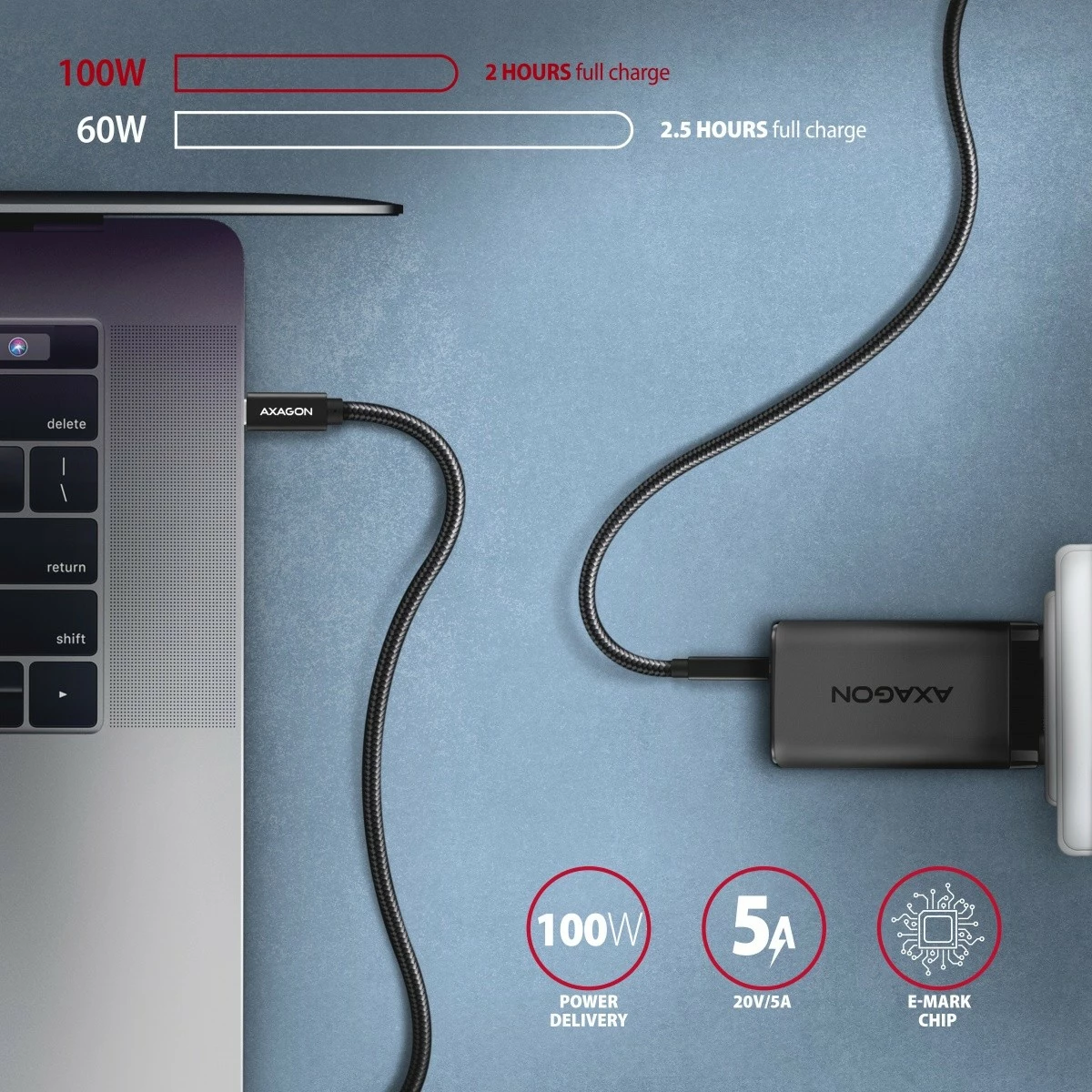 Kabllo USB-C në USB-C AXAGON BUCM32-CM10AB, 1m, 100W, 5A, 4K, e zezë