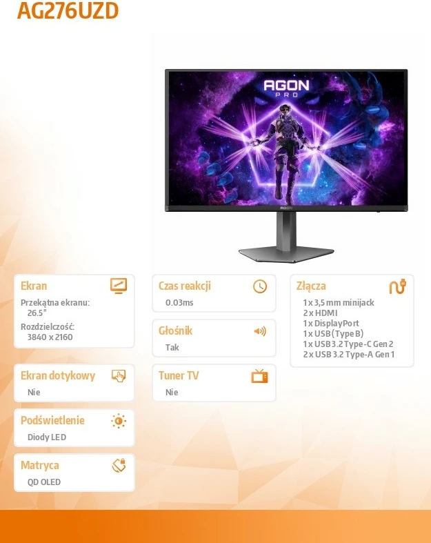 Monitor AOC AG276UZD 26.5", 4K QD-OLED, 240Hz, i zi